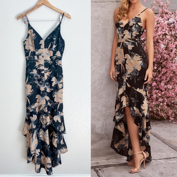 NWOT Darling Daylily Black Floral Print High-Low Maxi Dress - Picture 1 of 12